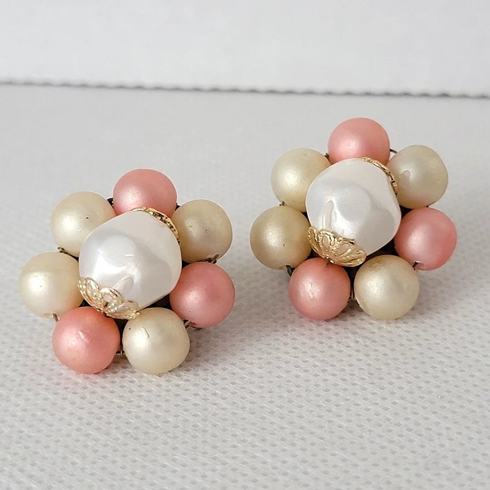 Vintage Clip-on Bead Cluster Earrings | Signed Japan | Faux Pearl Pastel
